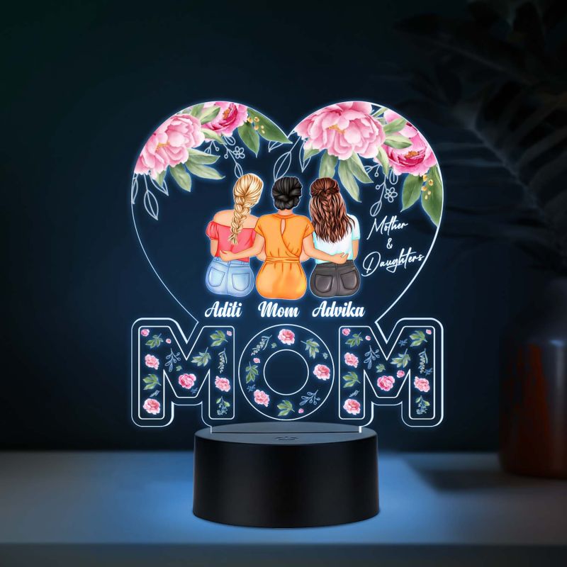 Personalized Mom with Two Daughters Acrylic LED Lamp with UV Print – Auto Color Changing Night Light Mother’s Day Gift